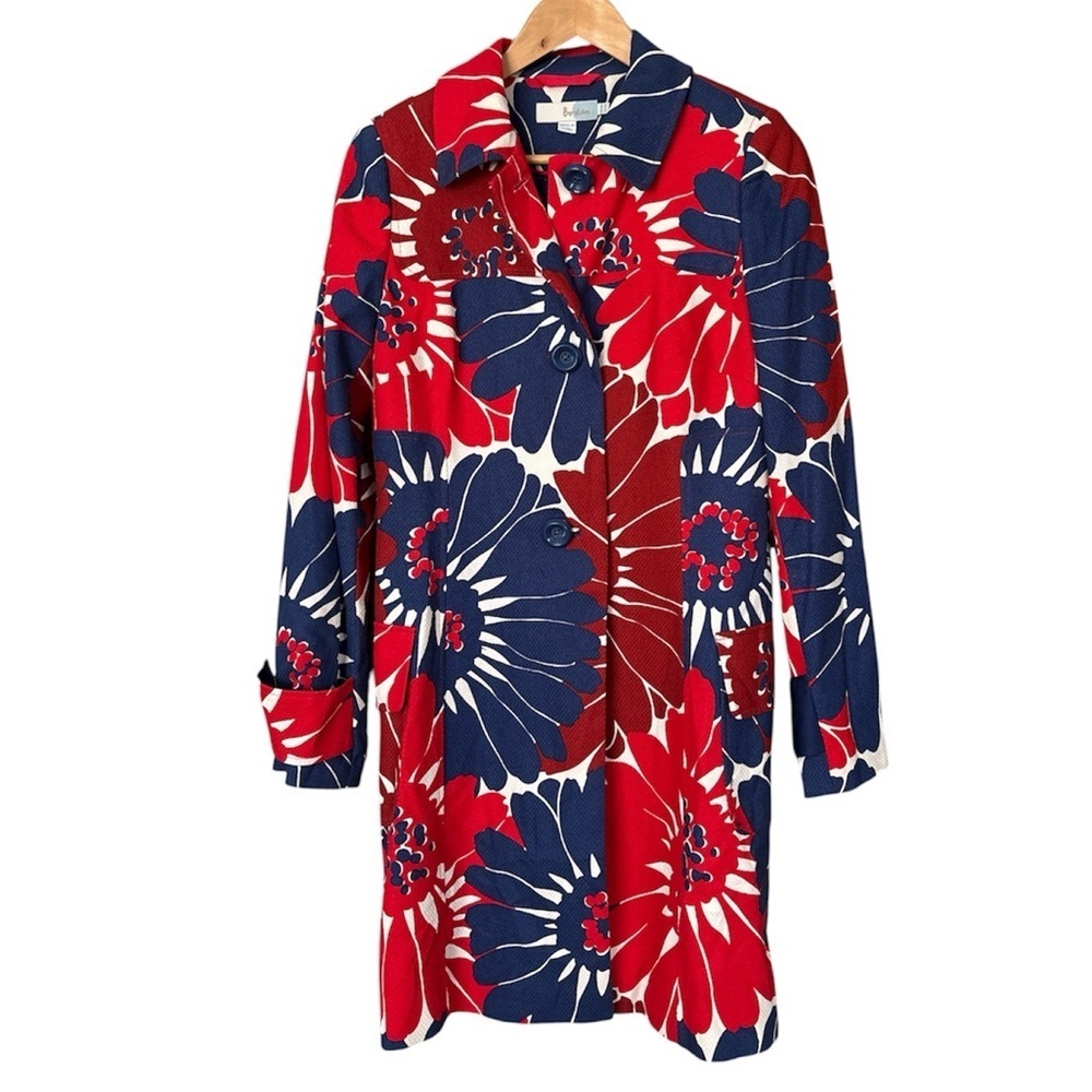Boden 100% Cotton Bold Floral Print Trench Jacket Coat ,US 6R - Picture 3 of 11